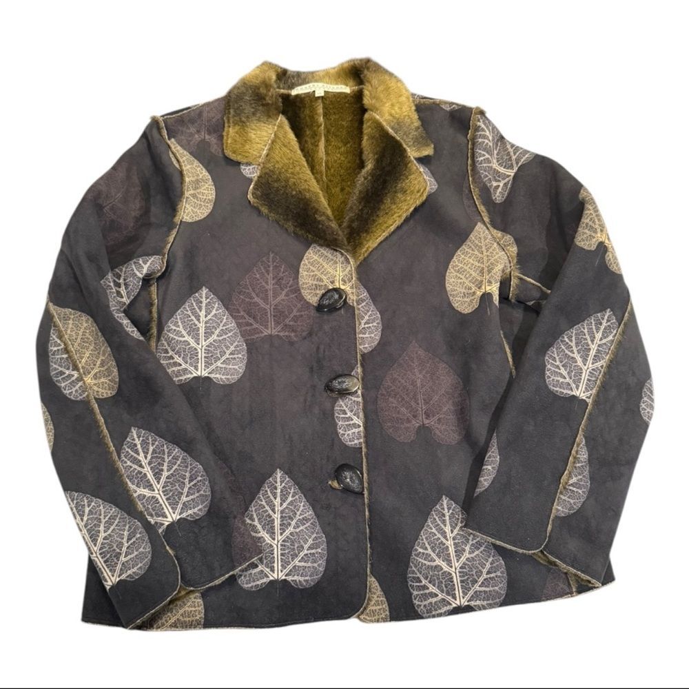 Robert Kitchen Canada Reversible Jacket Faux Fur Faux Suede Leaf Print W’s L - Picture 2 of 11